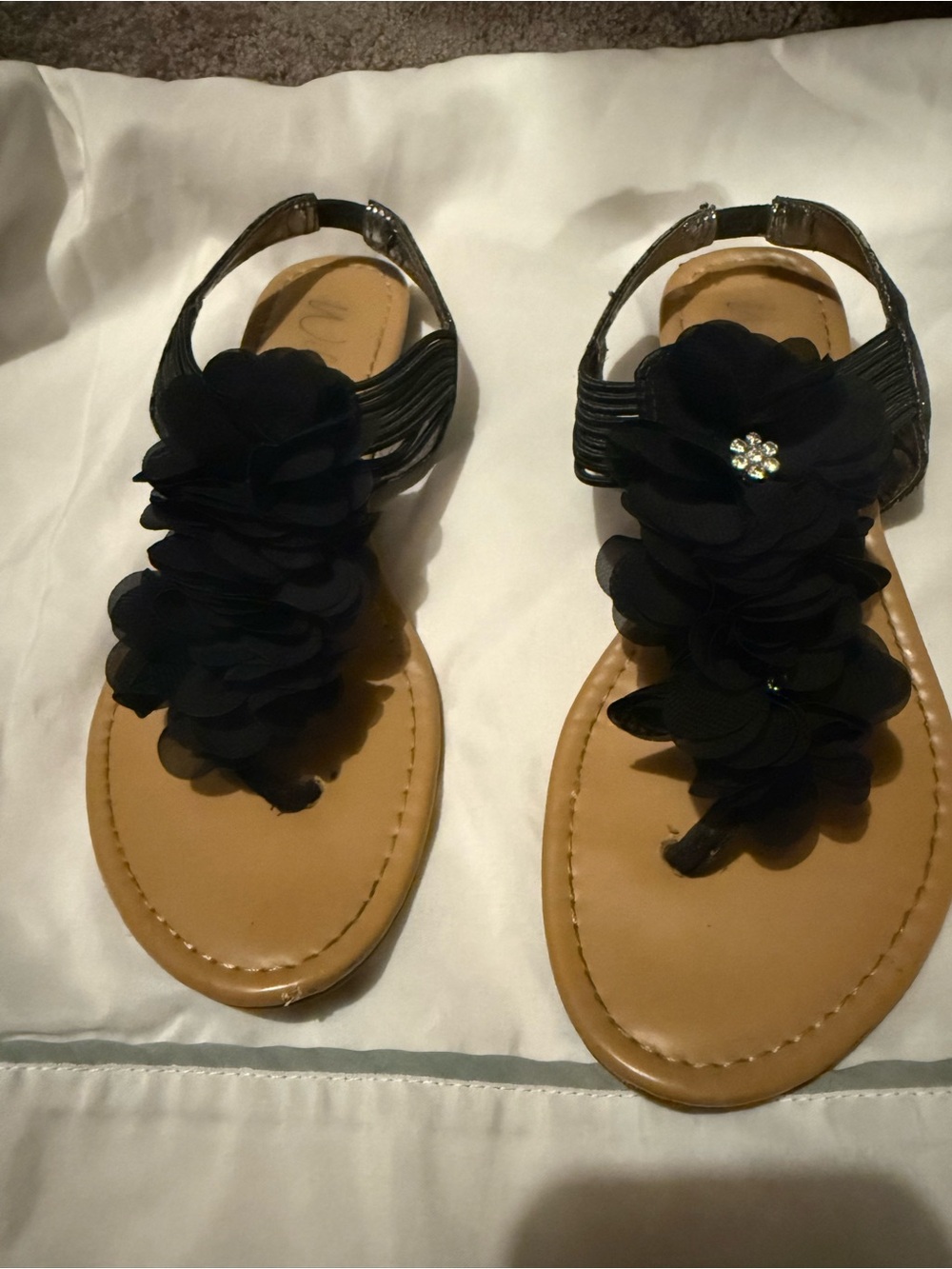 Wild Pair Black Floral T-Strap Sandals with Rhinestone Center